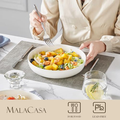 MALACASA 48 Oz Pasta Bowls Set of 4, Ceramic Salad Bowls, White | Microwave, Oven (482F), and Dishwasher Safe, For Pasta, Salad, Cereal, and Soup, 9 Inch Wide Shallow Design, Stackable, LUNA - color: White