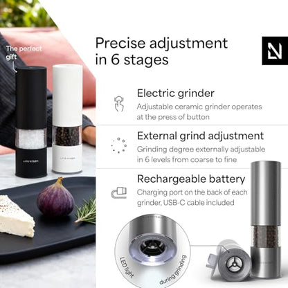 LARS NYSØM Electric Salt and Pepper Grinder Set I Automatic Salt and Pepper Mills with Adjustable Ceramic Grinder I USB Rechargeable Electric Spice Mill Set with LED Light (Stainless Steel) - color: Stainless Steel, size: Set of two electric mills