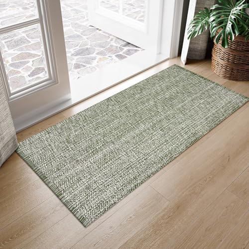 Washable Sage Green Kitchen Rug 2x4.3 Green Bathroom Runner Rug | Small Reversible Hallyway Runner, Farmhouse Low Profile Front Door Mat, Modern Carpet for Foyer Laundry Bedroom Proch Decor - color: Sage Green/Cream, size: 2' x 4'3" (Rectangular)