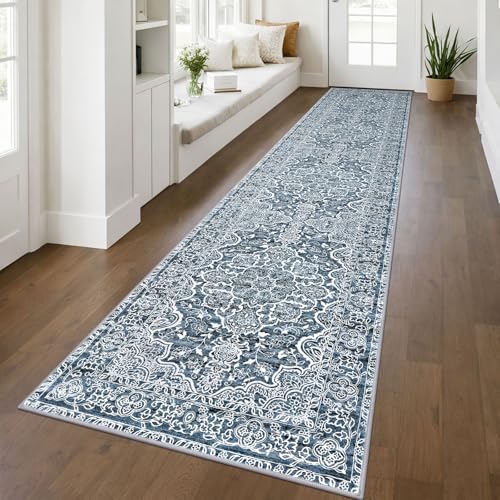 KUTA Vintage Floral Washable Runner Rug 2.6x12 Kitchen Runners Blue White | Non-Slip, Non-Shedding, Low Pile, Easy Clean Distressed Flower Runners For Hallways Bathroom Entryway Bedroom Laundry Foyer - color: Blue Floral, size: 2'7" x 12' (Runner)