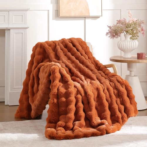 Faux Fur Fall Throw for Couch - Burnt Orange Bubble Blanket 60"x80" | Fluffy Plush Fuzzy Throw for Sofa & Bed, Super Soft Cozy Comfrt Blanket, Luxury Aesthetic Burnt Orange Decor Gift for Women - color: Burnt Orange, size: Twin(60" x 80")