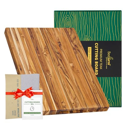 Large Teak Wood Cutting Board with Hand Grip (22x16x1.25", L) | Large wooden cutting boards for kitchen, wood chopping board, butcher block, charcuterie board for serving. Gift box included - size: 20"L x 15"W