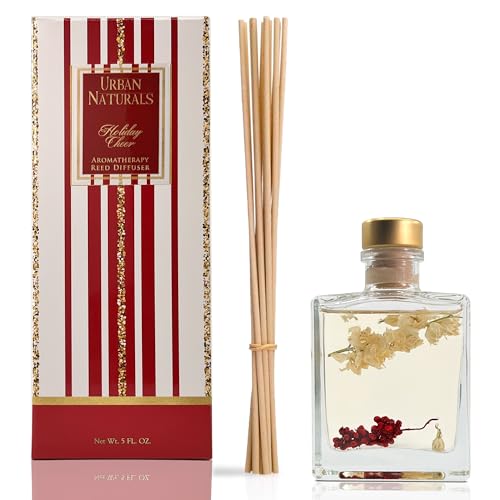 Reed Diffuser Set, Holiday Cheer - Bathroom Shelf Décor | Cranberry, Cinnamon, Evergreen, Cedar & Smokey Wood, Made with Essential Oils, Sleek Rectangular Refillable Glass Bottle - color: Holiday Cheer-clear
