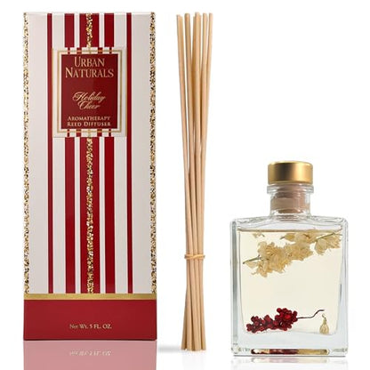 Reed Diffuser Set, Holiday Cheer - Bathroom Shelf Décor | Cranberry, Cinnamon, Evergreen, Cedar & Smokey Wood, Made with Essential Oils, Sleek Rectangular Refillable Glass Bottle - color: Holiday Cheer-clear