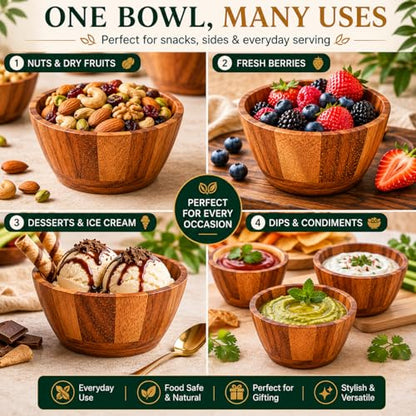 Acacia Wood Round Serving Bowls Set of 4 V Shape Handmade 4.33 Inch Medium Size Brown - size: 4 V Shape Bowls of 4.33-Inch