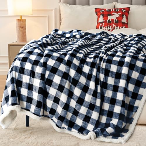 BEAUTEX Christmas Sherpa Fleece Throw Blanket Soft Warm Buffalo Plaid | Plush Blanket & Throw, Winter Cozy Fuzzy for Couch, Sofa, Bed (Navy, 50" x 60") - color: Navyblue, size: Throw-50"x60"