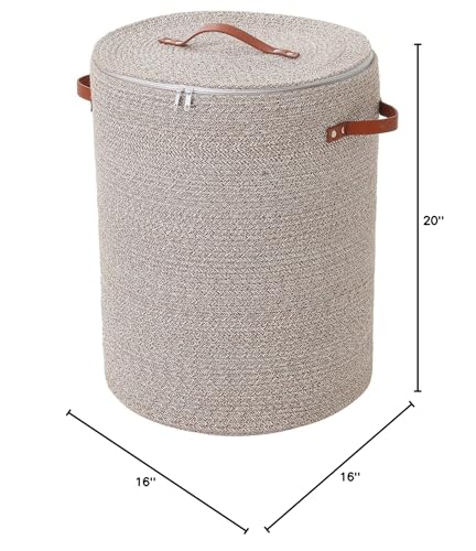16"x20" Extra Large Cotton Rope Basket with Zipper Lid, Woven Laundry Hamper and Blanket Storage Basket, Round Clothes Bin for Living Room Bedroom, Camel & White Mix - color: All Deep Camel White Mix