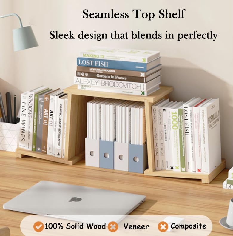 Solid Wood Desktop Bookshelf Organizer for Home Office & Student Desk – Natural Rubberwood Book Holder with Adjustable Shelves & Metal Bookmarks, Minimalist Design (Yellow)”