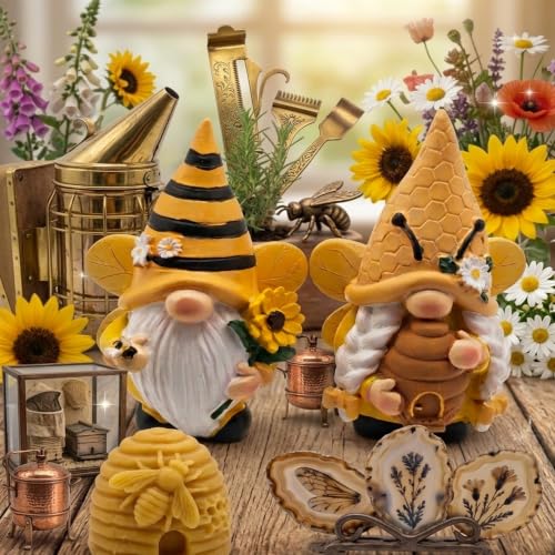 Cute 2 PCS Gnomes Statues Decor, Resin Figurines and Sculpture Décor, for Indoor Outdoor Yard Lawn Garden Home Patio Farmhouse Kitchen Table Decoration(bee Statue) - style: Bee-themed pair