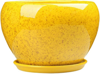 Yellow Ceramic Plant Pot with Tray Modern Glazed Round Flower Pot, Decorative Outdoor/Indoor Planter for Succulents, Cactus, Herbs, Unique Gardening Gift
