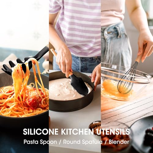 Kitchen Utensils Set Silicone Kitchen Utensils Set with Wooden Handle Utensils for Cooking Heat Resistant Silicone Non-Stick Cookware BPA FREE (Black) - color: Black