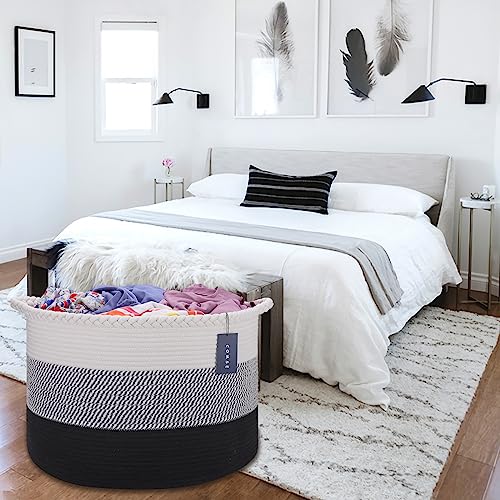 COMSE XXXLarge Woven Blanket & Laundry Basket, 87L, White &Gray &Black | 21.7"x 13.8", Cotton Rope, Nursery Hamper for Storage of Toys, Clothes & Towels, Ideal for Living Rooms, Bedrooms & Bathrooms - color: White & Gray & Black