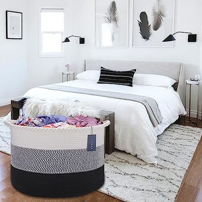COMSE XXXLarge Woven Blanket & Laundry Basket, 87L, White &Gray &Black | 21.7"x 13.8", Cotton Rope, Nursery Hamper for Storage of Toys, Clothes & Towels, Ideal for Living Rooms, Bedrooms & Bathrooms - color: White & Gray & Black