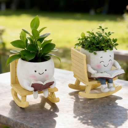 Smiley Face Planter Pot, Cute Resin Head Planter with Drainage Hole, Unique Rocking Chair Succulent Pot for Indoor Outdoor Plants, Funny Plant Lovers Gift for Mother's Day and Christmas (Upright) - size: 6.50×5.91×5.12"