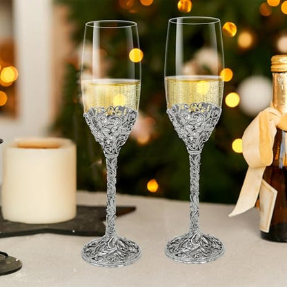 Champagne Flutes -His and Hers,Wedding Toasting Glasses for Engagement Celebrations, Bridal Shower and Registry Idea, Tall Wine Glasses for Bride and Groom Gifts,7oz (Silver new) - color: Silver new