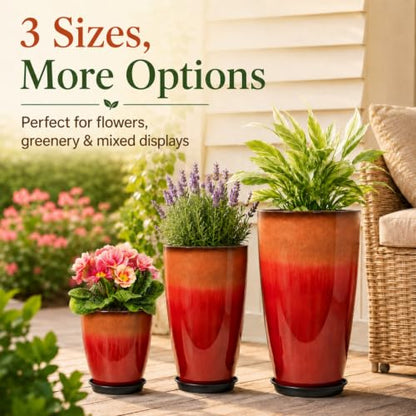 Neoaider Set of 3 Tall Planter, 24/21/12in Large Plastic Planter, Firey Red | Ceramic-Look, Lightweight, Built-in Drain Hole, Saucers, Tall Outdoor Planter for Porch, Garden, Patio, Balcony - color: Fiery Red