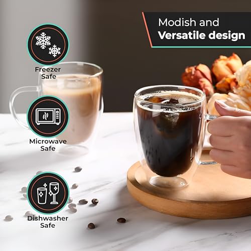 12 Oz Double Wall Borosilicate Insulated Glass Coffee Mug Set of 4, 350ml Coffee Cups with Handle for Cappuccino, Tea, Latte - Perfect Cappuccino Cup Gift - color: 4 pcs 12 oz