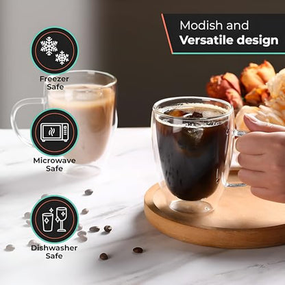 12 Oz Double Wall Borosilicate Insulated Glass Coffee Mug Set of 4, 350ml Coffee Cups with Handle for Cappuccino, Tea, Latte - Perfect Cappuccino Cup Gift - color: 4 pcs 12 oz