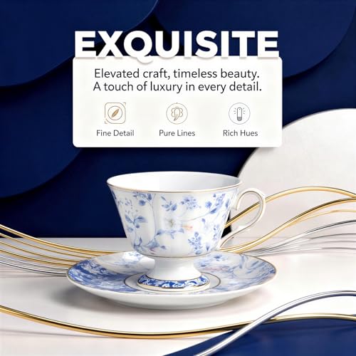 Ceramic Tea Cup & Saucer Set, 170 mL (5.7 fl oz) Coffee Mug with Blue and White Rose Pattern, Vintage Floral Design with Gold Rim, Office and Home Drinkware with Gift Box, Elegant Presentation