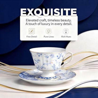 Ceramic Tea Cup & Saucer Set, 170 mL (5.7 fl oz) Coffee Mug with Blue and White Rose Pattern, Vintage Floral Design with Gold Rim, Office and Home Drinkware with Gift Box, Elegant Presentation