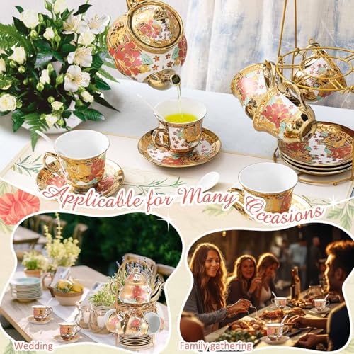 Zhehao 20 Pcs Porcelain Tea Set with Metal Holder and Spoon Adult Ceramic Tea Set European Flower Painting Teapot Cup Saucer Spoon for Women Mom Gift, Large Version (Stylish Style) - color: Stylish Style