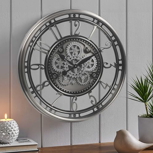 28" Oversized Moving Gear Wall Clock for Living Room, Gunmetal | SIilent Non Ticking, Aluminum Arabic Numeral, Modern Industrial Wall Clock for Dinning Room, Entryway & Home Office - color: Arabic Gunmetal, size: 28"