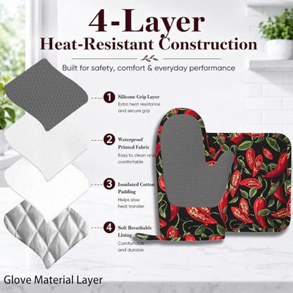 Mexican Hot Pepper Chili Oven Mitt and Pot Holder with Silicone Heat Resistant Kitchen for Cooking BBQ Baking Grilling Cooking Protection - color: Mexican Hot Pepper Chili