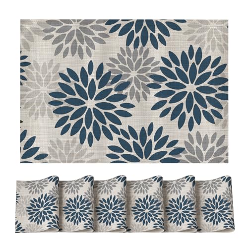 Artoid Mode Floral Vinyl Plistic Placemats Set of 6, Heat Resistant Washable Non-Slip PVC Place Mats for Party Kitchen Dining Decor, Blue Grey - color: Blue/Gray, size: 12" x 18", Rectangular 6 Pcs