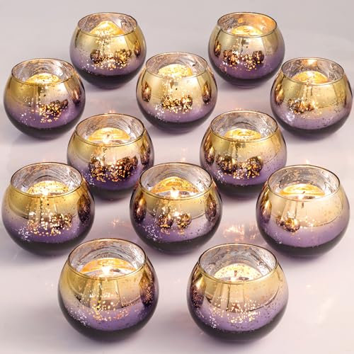 Volens Purple Votive Candle Holders Set of 12, Round Mercury Glass Votives | Tealight Candle Holder Bulk for Purple and Gold Themed Party Decoration, Wedding Table Centerpiece & Home Decor - color: Purple+gold, size: 2 inches