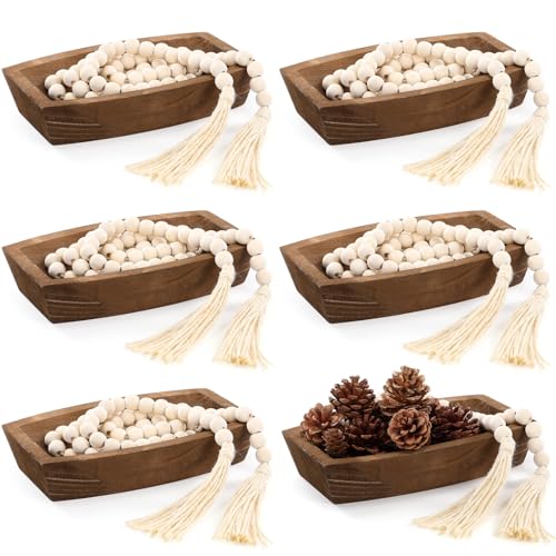 LemonRoad 12 Pcs Wooden Dough Bowl Making Wood Table Centerpiece Decorations Beads String with Tassel Decorative Bowl Natural Rustic Filler Tray Farmhouse Dining Kitchen(Brown,Short) - color: Brown, style: Short