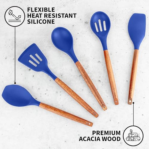 Zulay Kitchen 5 Piece Silicone Utensil Set | Non-Stick Silicone Cooking Utensils Set with Acacia Wood Handles - 464°F Heat Resistance Kitchen Utensils Set - Dark Blue - color: Royal Blue, size: 5-Piece Set