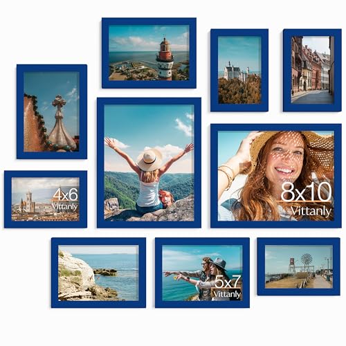 Vittanly 10 Pack Picture Frames Collage Wall Decor, Blue | Gallery Wall Frame Set: 2pcs 8x10, 4pcs 5x7 & 4pcs 4x6 Photos for Wall & Table, Picture Frames made of Engineered Wood - color: Blue