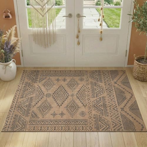 jinchan 3x5 Faux Jute Area Rug Washable Boho Entryway Rug, Natural Charcoal | Southwestern Geometric, Non-Slip, Low Pile, Indoor Outdoor, Kitchen, Bathroom, Laundry Room, Porch, Balcony, Bedroom, Patio - color: Natural Charcoal, size: 3' x 5' (Rectangular