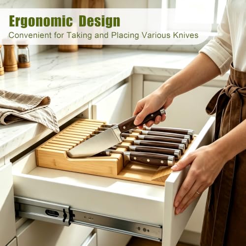 Bamboo Kitchen Drawer Knife Block, In drawer Knife Holder, Knife Drawer Organizer fit for 13 knives | Compact design,13 Slots, Thicker Base Board, Drawer Holder Storage For Steak, Paring, Bread Knives - size: 13 Slots Knife Holder