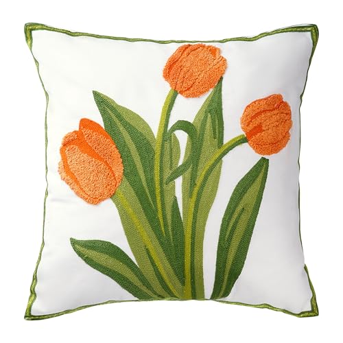 Embroidered Boho Floral Pillow Covers 18x18 Orange | Linen, Spring, Decorative Throw Pillow Cases, for Living Room, Couch, Sofa, Bed, Home Decor - color: Orange