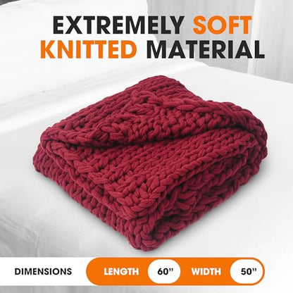 Cheer Collection Chunky Knit Blanket - Throw Blankets for Bed & Couch, Cozy Chunky Knit Throw Blanket, Ultra-Soft Oversized Knitted Blanket, Machine Washable Knit Throw Blanket- 50''x60'', Burgundy - color: Burgundy