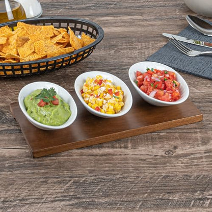 Restaurantware-9 Ounce Bowl Set with Tray - 1 Dishwashable Serving Set, Includes 3 Porcelain Bowls And 1 Bamboo Tray, Durable, White Porcelain And Bamboo Bowl And Platter Kit, Reusable, Freezable - size: Triple set, style: Ellipse