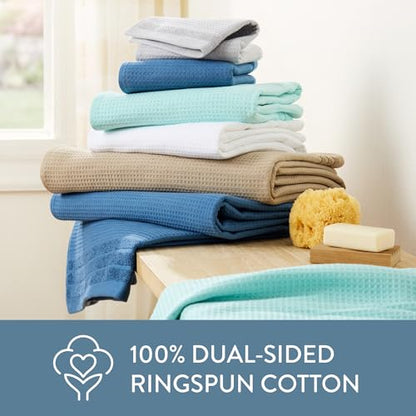 TOWN & COUNTRY BASICS 6-Piece Assorted Waffle Woven Terry Stripe Set, 2 Bath Towel, 2 Hand Towel, 2 Washcloth, 100% Cotton, Quick Dry, White - color: White