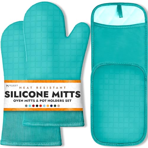 BPA-Free Soft Silicone 4 Piece Oven Mitts & Pot Holders Set - Ultra Heat Resistant Oven Mitts with Thick Cotton Liner - Long Slip Resistant Pot Holders, Flexible Oven Gloves - Aqua - color: Turquoise, size: 4-Piece Oven Mitts & Pot Holders Set