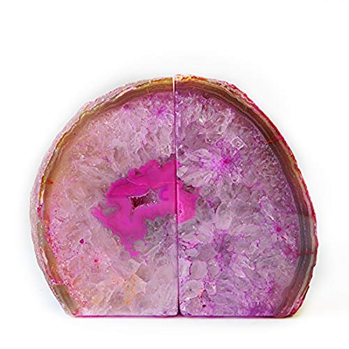 JIC Gem Pink Agate Geode Bookends Anti-Slip Rubber Bumpers 1 Pair 2-3 Lbs | Small Polished Dyed Pink Brazilian Agate Geode Bookends small Anti-Slip Crytal Holders for Bookshelf Desktop Home Office - color: Pink Dyed, size: 2-3LBS.