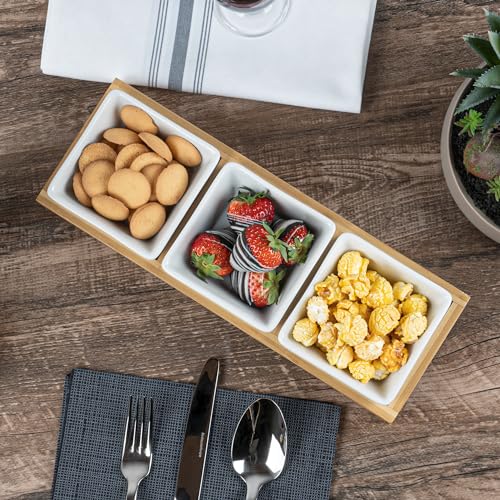 Restaurantware-6 Ounce Bowl Set with Tray - 1 Dishwashable Serving Set, Includes 3 Porcelain Bowls And 1 Bamboo Tray, Durable, White Porcelain And Bamboo Bowl And Platter Kit, Reusable, Freezable - size: Triple set, style: Modern