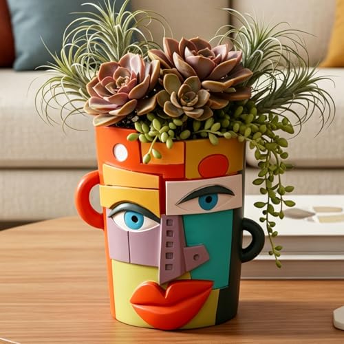 Abstract Face Planter Pot, Modern Face Planter for Indoor Plants, Colorful Cubist-Inspired Resin Plant Pot for Succulents Pothos Faux Flowers, Unique Small Planter for Shelf Table Desk Home Decor - style: Transitional