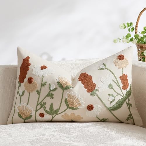 Floral Embroidered Decorative Lumbar Pillow Cover 12x20 Spring Summer Fall Boho Cute Accent Throw Pillow Cover for Living Room Couch Bedroom Sofa Home Decor - color: Orange Floral, size: 20" x 12" (Pack of 1)
