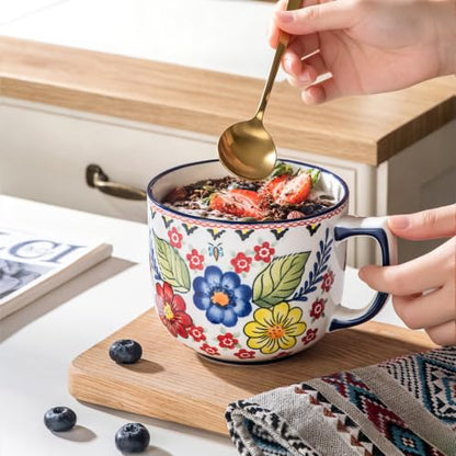 Ceramic Soup Bowl with Handle 32oz – Microwave Ramen Bowl with Lid, Hand Painted Soup Mug & Cup for Cereal, Oatmeal, Ramen, Instant Noodle, Soup Container with Lid - Polish-Inspired Folk Floral