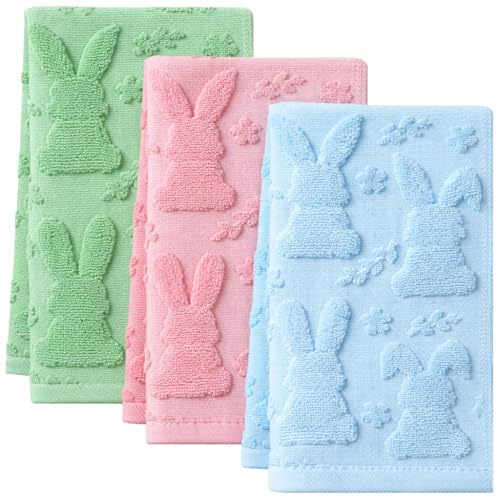 3pcs Easter Hand Towels Pink Blue Green Bunny 100% Cotton 13.8x29.5 Inch | Floral Jacquard Soft Bathroom Kitchen Decorative Towel for Easter Spring Summer Holiday Decor Gift - color: Easter Colorful