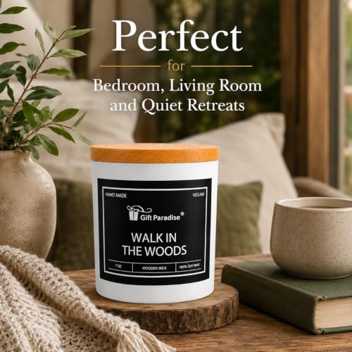 Gift Paradise® Walk in the Woods Soy Candle, 7 oz, Magnetic Gift Box | 7 oz soy candle with a wooden wick, bamboo lid and crisp eucalyptus, pine, smoky wood and tonka bean fragrance