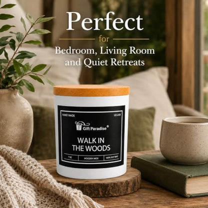 Gift Paradise® Walk in the Woods Soy Candle, 7 oz, Magnetic Gift Box | 7 oz soy candle with a wooden wick, bamboo lid and crisp eucalyptus, pine, smoky wood and tonka bean fragrance