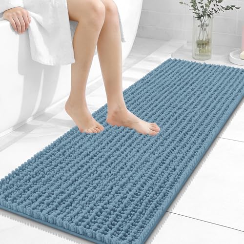 OLANLY Bathroom Runner Rugs 47x17, Thick Soft Absorbent Chenille Bath Rugs | Airy Blue, Quick-Drying Rubber Backing, Long Shaggy Bath Mat, Washable for Floor, Tub and Shower, Home Decor Accessories - color: Airy Blue, size: 47" x 17"