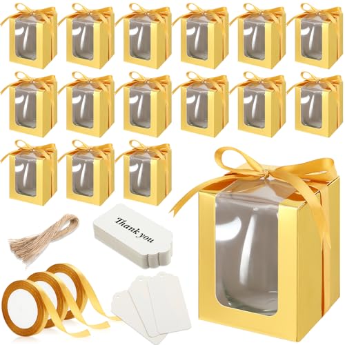 Fulmoon 50 Pack Gift Boxes for Wine Glass Transparent Gift 9 oz Stemless Glass Paper Packaging Box with Ribbon Tag Hemp Rope for Wedding Bridal Shower Baby Shower Birthday(Gold) - color: Gold