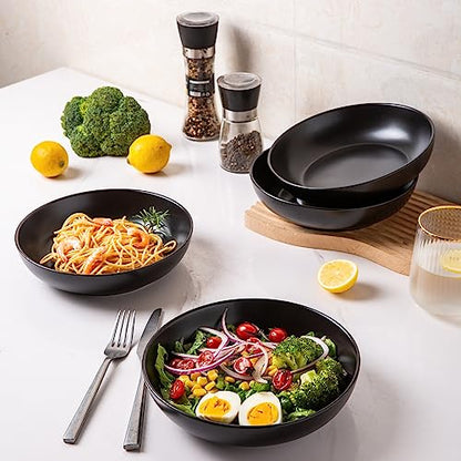 AmorArc 8.5 Inch Stoneware Pasta Bowls of 4, 32oz Large Bowls Set | Matte Black Wide Bowls for Kitchen Pasta,Salad,Oatmeal, Microwave&Dishwasher Safe - size: Set of 4